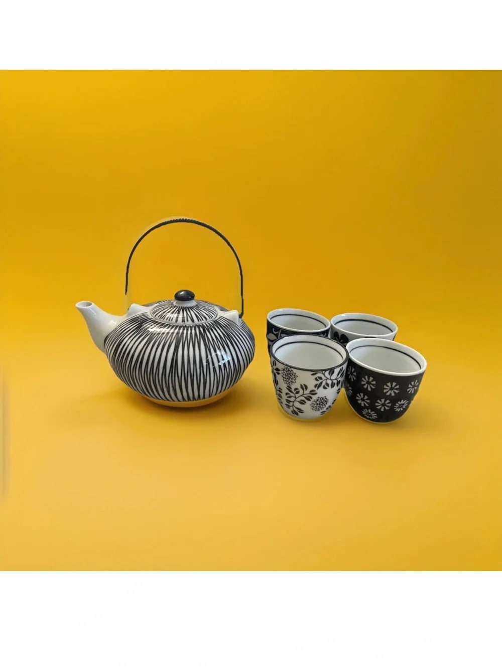 Pier 1 AKINA Teapot with 4 Cups Hand-Painted Porcelain Black & White Tea Set